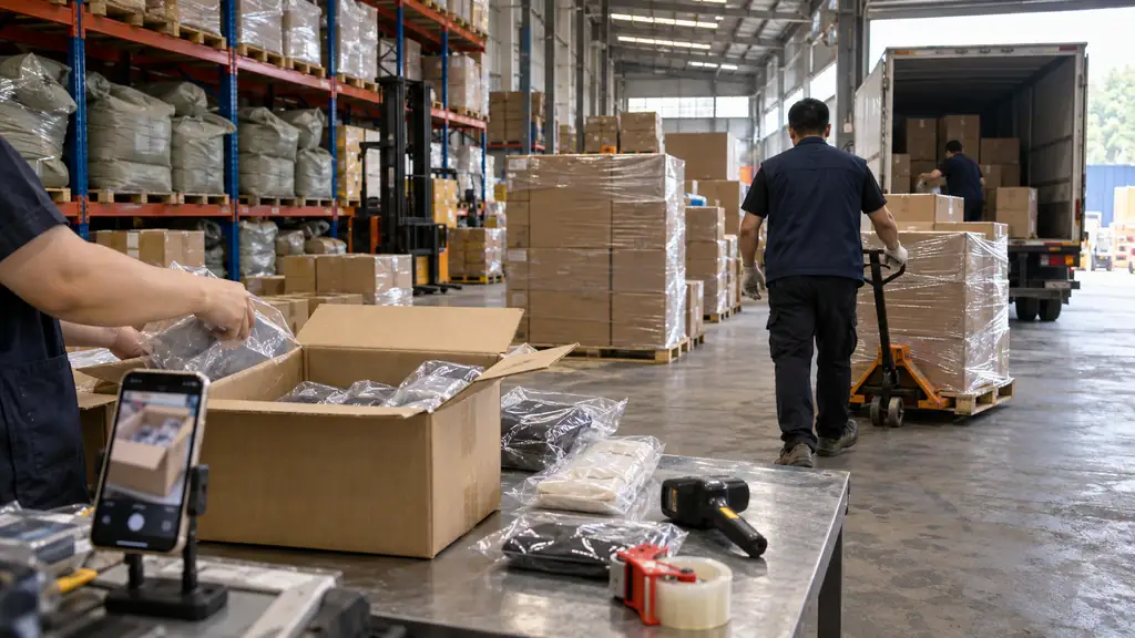 A warehouse check table with an opened carton and a phone photographing its contents, beside stretch-wrapped pallets and tall racking