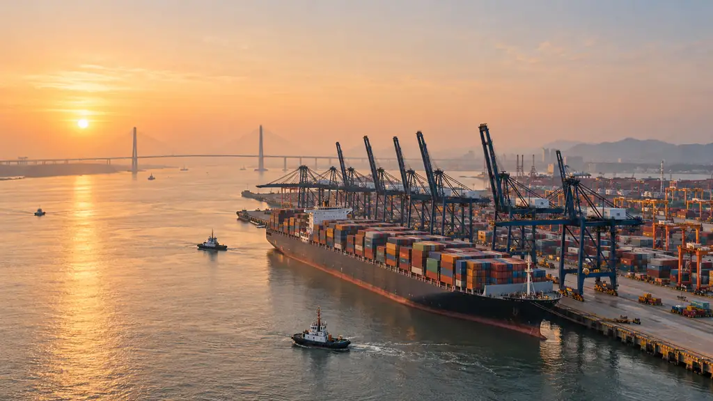 A container ship moored at a port quay under gantry cranes at sunset, with tugboats on the water and a cable-stayed bridge in the distance