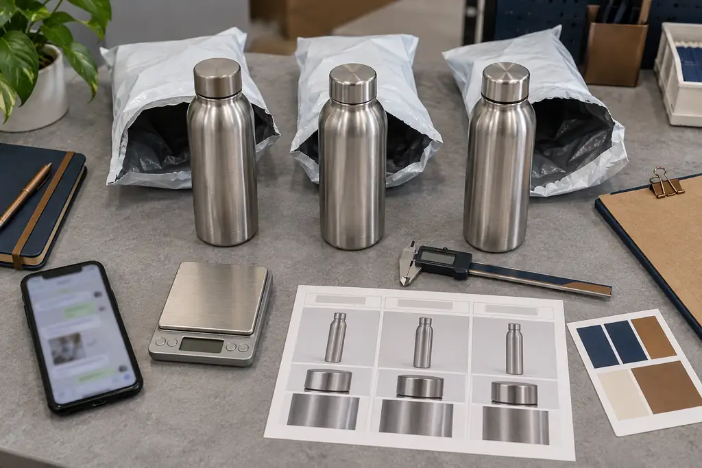 Three near-identical water bottle samples beside their opened courier pouches on an inspection desk, with a caliper and a scale