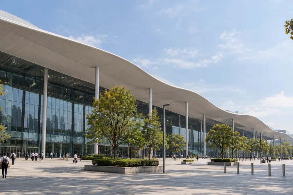 Visitors with luggage crossing the wide plaza in front of the long glass exhibition halls of the Canton Fair complex in Pazhou