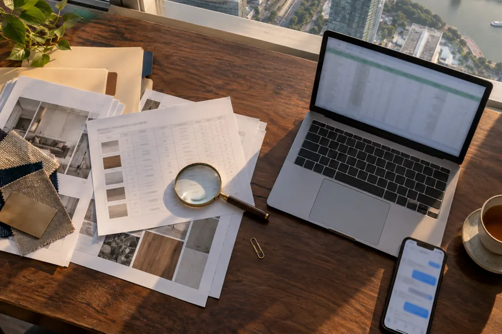 A desk by a high window over the Pearl River with printed quotations, material swatches, a magnifying glass, a laptop spreadsheet and a phone chat