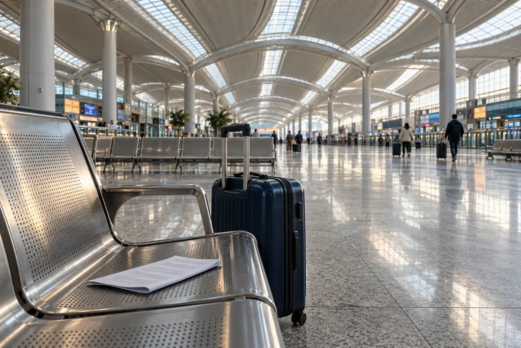 A suitcase and a printed itinerary on a steel bench in the bright arched hall of Guangzhou South railway station