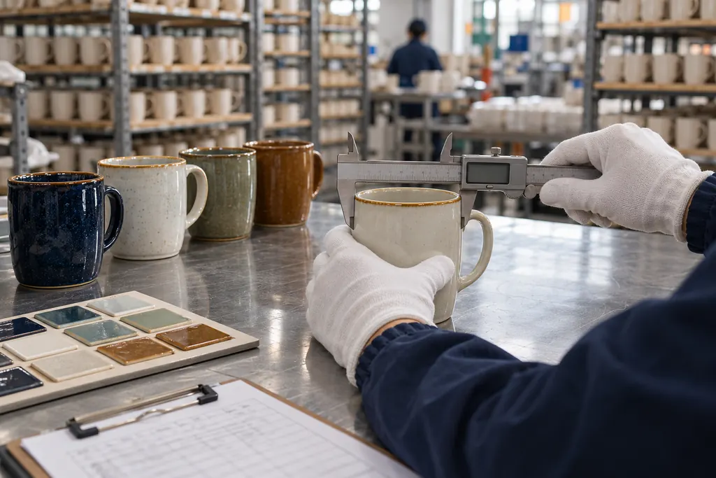 Gloved hands measuring a ceramic mug with a digital caliper on an inspection table, beside glaze samples and a clipboard checklist