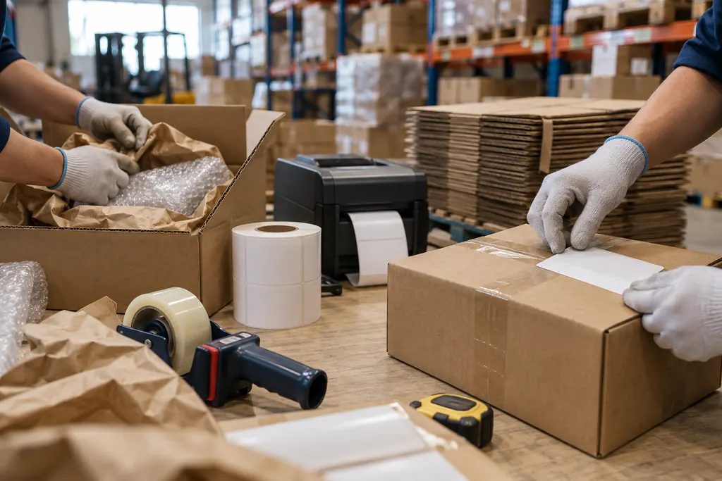 Gloved hands sealing a carton and applying a blank shipping label at a packing table, beside bubble wrap, kraft paper and a label printer