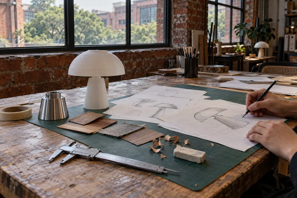 A designer's hand sketching lamp drawings on a workbench beside a white prototype lamp, a caliper, wood samples and a metal part